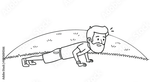 A fit man with a beard performs a push-up workout on a grassy lawn. Black and white outline vector illustration for fitness and health concepts