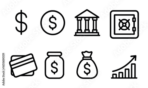 Finance Icons Set. Outline icon set of finance and banking logos: dollar icon, coin shape, bank building,
