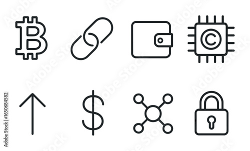 Cryptocurrency Icon Set. Outline icon set of cryptocurrency logos: bitcoin mark, blockchain chain, wallet icon
