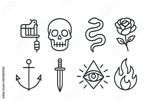 Tattoo Studio Icons. Outline icon set of tattoo studio logos: needle gun, skull icon, snake line, rose outline
