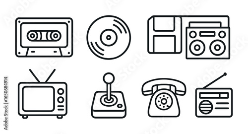 Retro Icons Collection. Outline icon set of hand-drawn retro icons: cassette tape, vinyl, floppy disk, boom