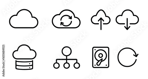 Tech Cloud Icon Set. Outline icon set of data and cloud systems: cloud icon, data sync, upload arrow, download
