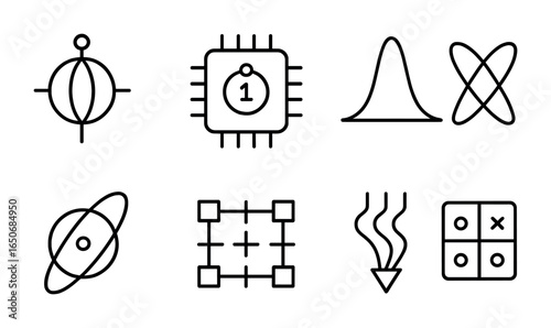 Quantum Computing Icons. Outline icon set of quantum computing: qubit symbol, quantum chip, probability icon,