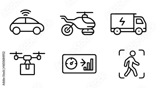 Futuristic Vehicle Icons. Outline icon set of futuristic vehicles: autonomous car, hover bike, flying taxi,