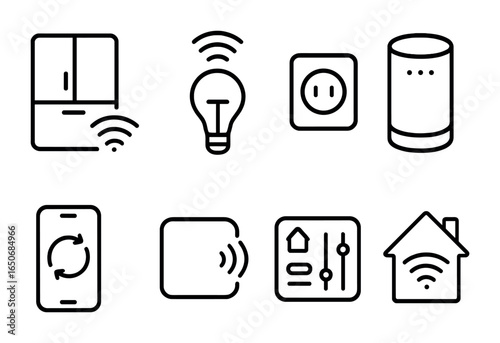 Smart IoT Icons. Outline icon set of internet of things (IoT): smart fridge, connected light, Wi-Fi outlet,