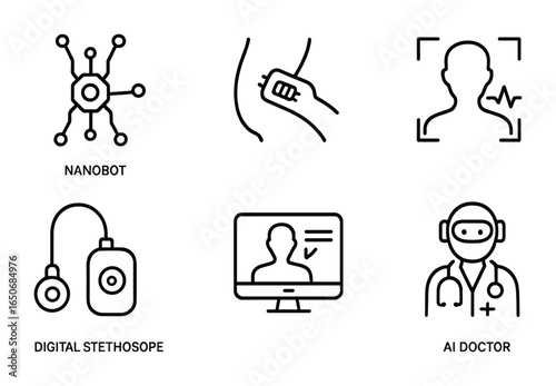 Futuristic Medical Icons. Outline icon set of futuristic medical tech: nanobot icon, smart implant, bio scan,
