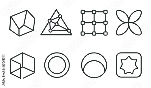 AI Geometry Icon Set. Outline icon set of AI-designed geometry: sharp edge polygon, neural triangle, smart