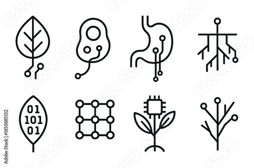 Hybrid Organic-Tech Icons. Outline icon set of hybrid organic-tech forms: tech leaf, digital cell, synthetic
