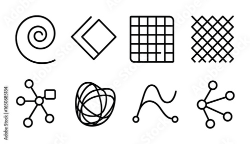 Geometric Line Icons. Outline icon set of generative geometry patterns: algorithm spiral, code-based shape,