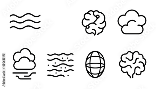 Digital Fog Icons. Outline icon set of digital fog structures: layered mist, translucent blur, logic haze,
