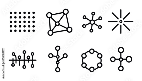 AI Network Line Icons. Outline icon set of AI point networks: dot matrix, node net, webbed cluster, radial dot