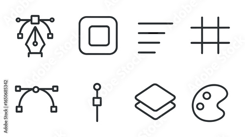 Abstract Tool Icons. Outline icon set of abstract creative tools: vector pen, shape tool, alignment lines,