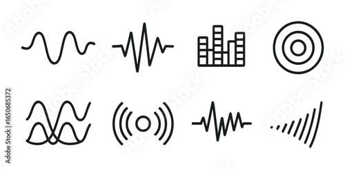Abstract Sound Icons. Outline icon set of abstract sound visuals: music line, beat path, audio bar, tone