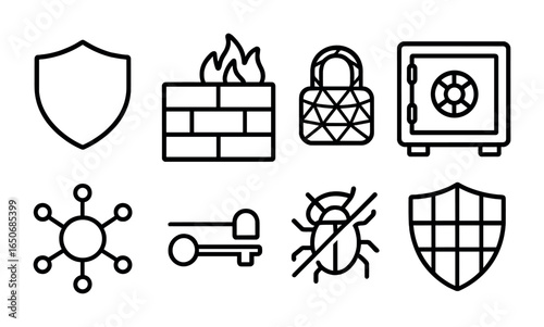 Cyber Defense Icons. Outline icon set of abstract cyber defense: shield icon, firewall path, lock mesh, data