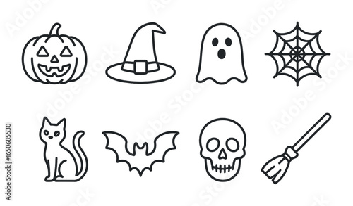 Halloween Icon Set. Outline icon set of Halloween elements: pumpkin, witch hat, ghost, spider web, black cat,