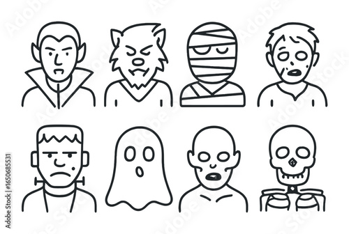 Halloween Monster Icons. Outline icon set of Halloween monsters: vampire, werewolf, mummy, zombie,
