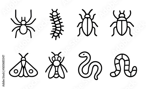 Creepy Crawlies Icons. Outline icon set of creepy crawlies: spider, centipede, cockroach, beetle, moth, fly,