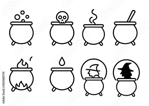 Halloween Icon Set. Outline icon set of Halloween cauldron scenes: bubbling green potion, floating skull,