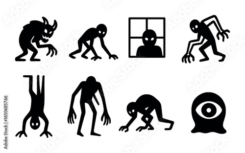 Shadow Creature Icons. Outline icon set of shadow creatures: lurking beast, crawling monster, window watcher,