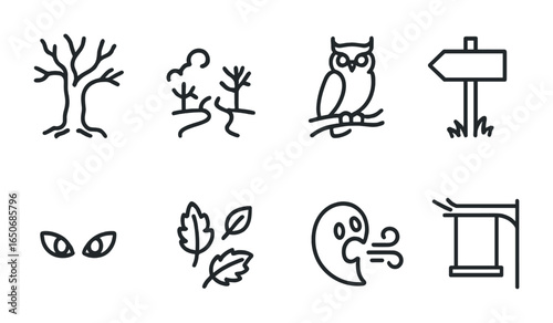 Haunted Forest Icons. Outline icon set of haunted forest: dead tree, fog path, creepy owl, lost sign, glowing