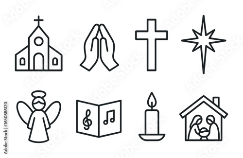 Religious Christmas Icons. Outline icon set of religious Christmas icons: church icon, prayer hands, cross,