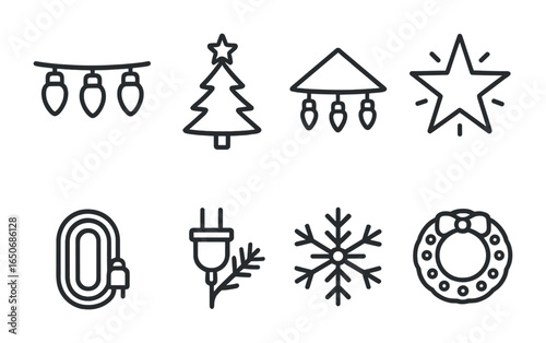 Christmas Light Icons. Outline icon set of Christmas light displays: light bulb string, glowing tree, rooftop