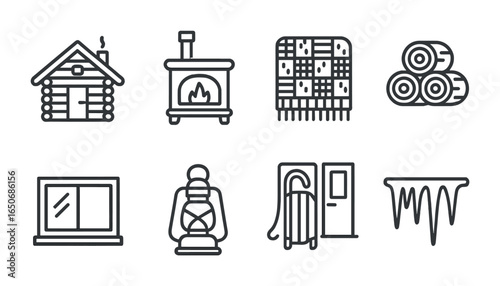 Cozy Cabin Icons. Outline icon set of cozy cabin life: log cabin, wood stove, knitted blanket, stack of logs,