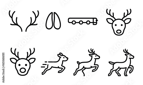 Reindeer Icons Set. Outline icon set of reindeer icons: antlers, hoof print, sleigh harness, reindeer face,