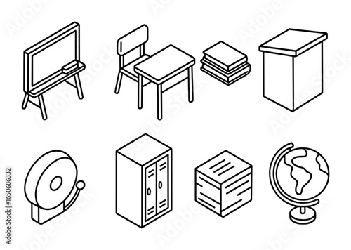 Isometric School Icon Set. Outline icon set of isometric school environment: blackboard, classroom desk, books