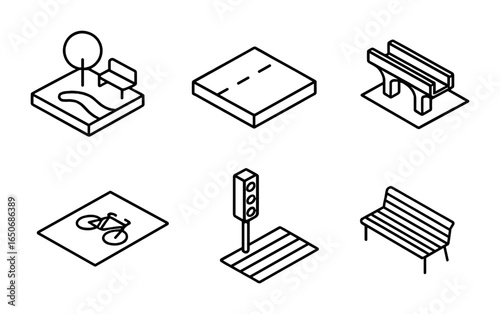 Isometric Urban Icon Set. Outline icon set of isometric urban map: park zone, road section, bridge span, bike