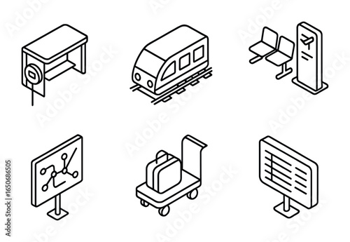 Isometric Transportation Icons. Outline icon set of isometric transportation hub: bus stop, train icon,