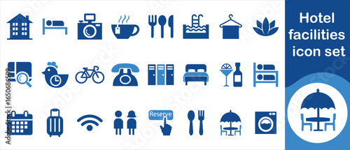 Hotel amenities icon set, reception, graphic, clean, art, website, solid, business, social, taxi, filled, collection, hotel service, thin, market, food shop, glyph, lobby, illustration, and more