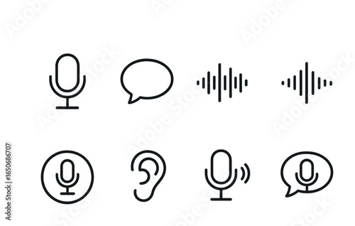 Voice Interface Icons. Outline icon set of voice interface icons: mic icon, speech bubble, waveform, sound bar
