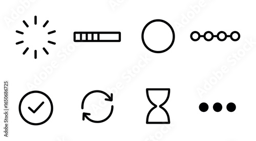 Loading Icons Collection. Outline icon set of loading and progress: circular loader, linear bar, status ring,