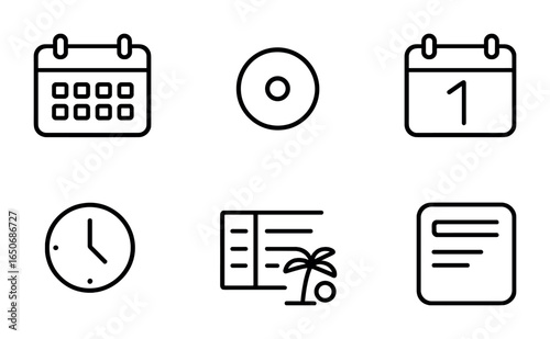 Calendar Icon Set. Outline icon set of calendar and event UI: monthly view, event dot, reminder bell, day