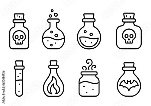 Halloween Potion Icons. Outline icon set of Halloween potion bottles: poison vial, bubbling flask, green
