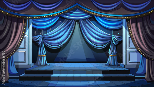 Luxurious orange velvet curtains cascade gracefully across the empty theater stage, velvet folds glowing beneath soft blue light, embodying luxurious refinement, elegant charm, and timeless grandeur w