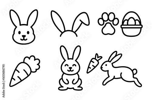 Easter Bunny Icons. Outline icon set of Easter bunny elements: bunny face, floppy ears, rabbit paw, basket