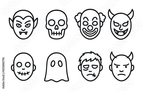 Halloween Mask Icons. Outline icon set of Halloween masks: vampire face, skull mask, clown horror, demon grin,