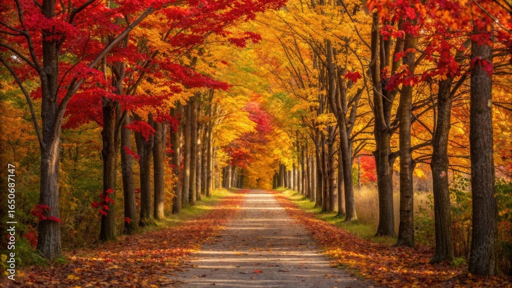 Naklejka premium Vibrant autumn tree lined path in golden sunlight