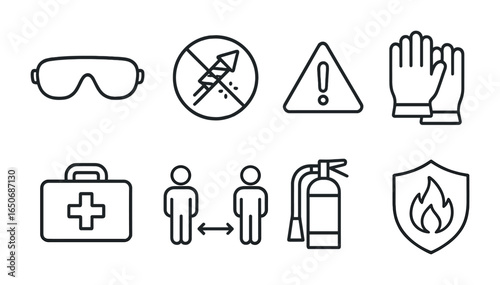 Fireworks Safety Icons. Outline icon set of fireworks safety: safety goggles, no fire zone, caution sign,