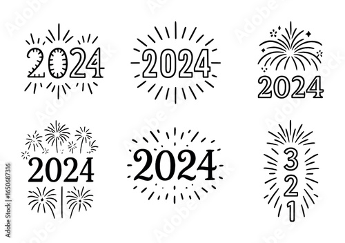 Fireworks Font Icons. Outline icon set of celebratory fireworks fonts: spark-lined letters, glowing year,