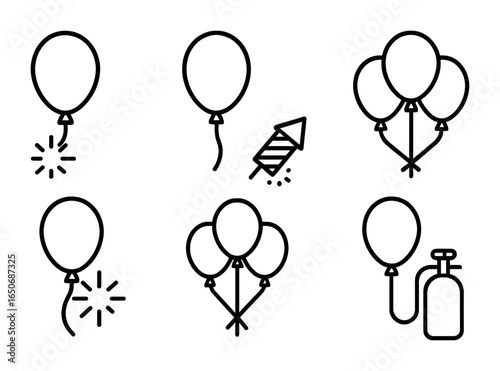 Balloon and Firework Icons. Outline icon set of balloon & firework combo: tied spark, flying balloon,