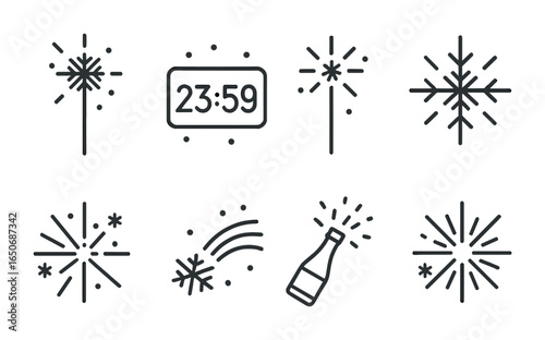 Snowy New Year Icons. Outline icon set of snowy New Year icons: snow sparkler, icy countdown, frozen flare,
