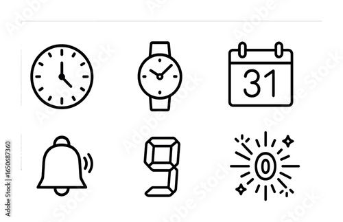 Countdown Icon Set. Outline icon set of celebration countdown icons: second marks, handwatch, countdown circle