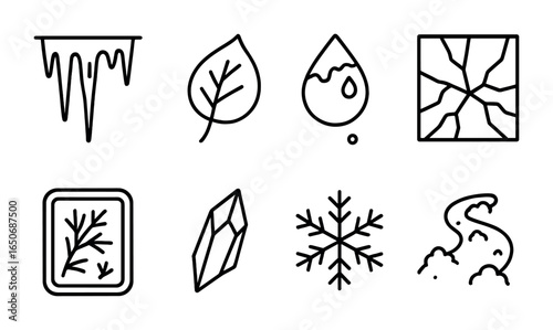Ice & Frost Icons. Outline icon set of ice and frost icons: icicle, frost-covered leaf, frozen droplet,
