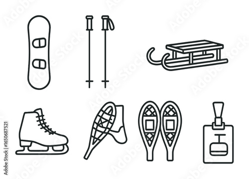 Winter Sport Icons. Outline icon set of winter sport equipment: snowboard, ski poles, ice skates, sled,