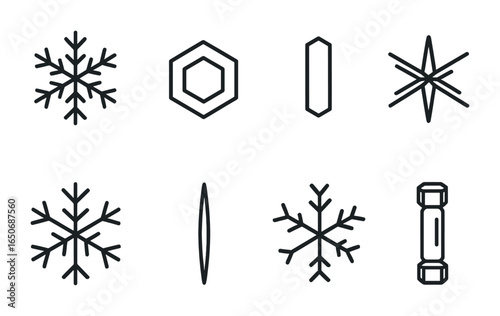 Snowflake Icon Set. Outline icon set of snowflake types: dendrite flake, plate flake, column flake, bullet