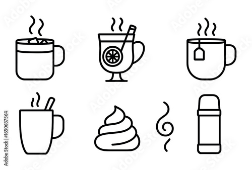 Winter Drink Icons. Outline icon set of warm winter drinks: hot cocoa, mulled wine, chai tea, marshmallow mug,