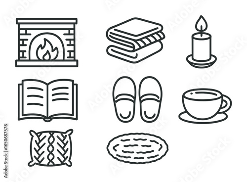 Cozy Winter Icons. Outline icon set of cozy indoor winter: fireplace, wool blanket, reading book, candle,